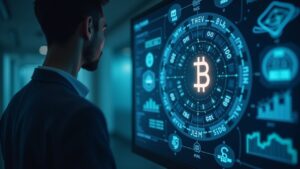 Ejecutivo en una sala de control tecnológica, con pantallas holográficas de IA y blockchain, y íconos SBI de finanzas Web3.