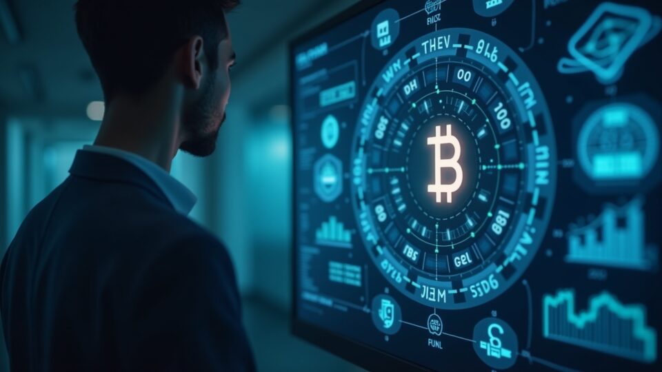 Ejecutivo en una sala de control tecnológica, con pantallas holográficas de IA y blockchain, y íconos SBI de finanzas Web3.