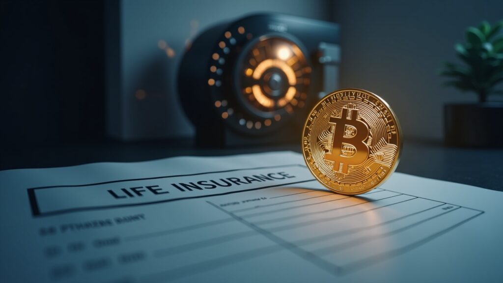 Símbolo de bitcoin integrado en un documento de seguro de vida, con bóveda digital de fondo, señalando productos BTC regulados.