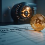 Símbolo de bitcoin integrado en un documento de seguro de vida, con bóveda digital de fondo, señalando productos BTC regulados.