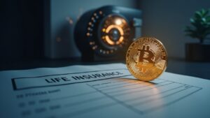 Símbolo de bitcoin integrado en un documento de seguro de vida, con bóveda digital de fondo, señalando productos BTC regulados.