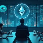 Ejecutivo financiero en sala de juntas rodeado de símbolos holográficos de ETH y tablero de staking.