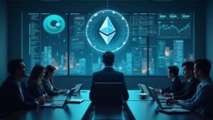 Ejecutivo financiero en sala de juntas rodeado de símbolos holográficos de ETH y tablero de staking.