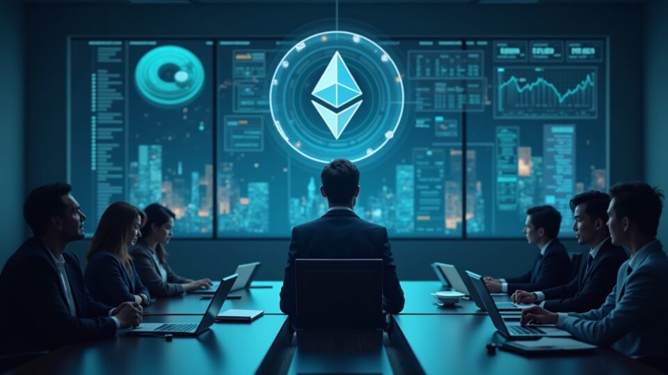 Ejecutivo financiero en sala de juntas rodeado de símbolos holográficos de ETH y tablero de staking.