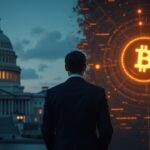 Profesional financiero en traje, pantalla dividida: Capitolio con cierre a la izquierda y Bitcoin iluminado con datos.
