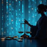 Silueta de un juez central junto a una rejilla translúcida de blockchain y monedas cripto, con balanzas de justicia y luces de redacción
