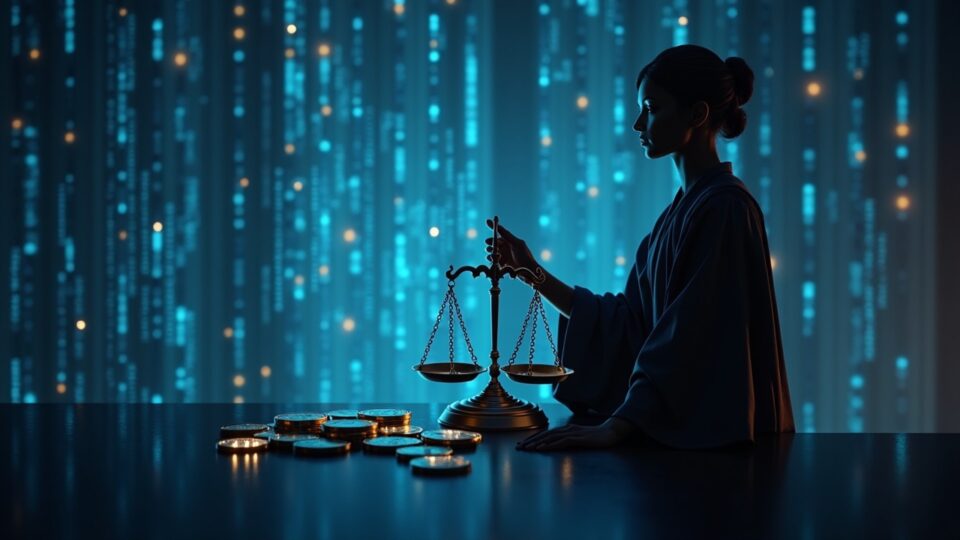 Silueta de un juez central junto a una rejilla translúcida de blockchain y monedas cripto, con balanzas de justicia y luces de redacción