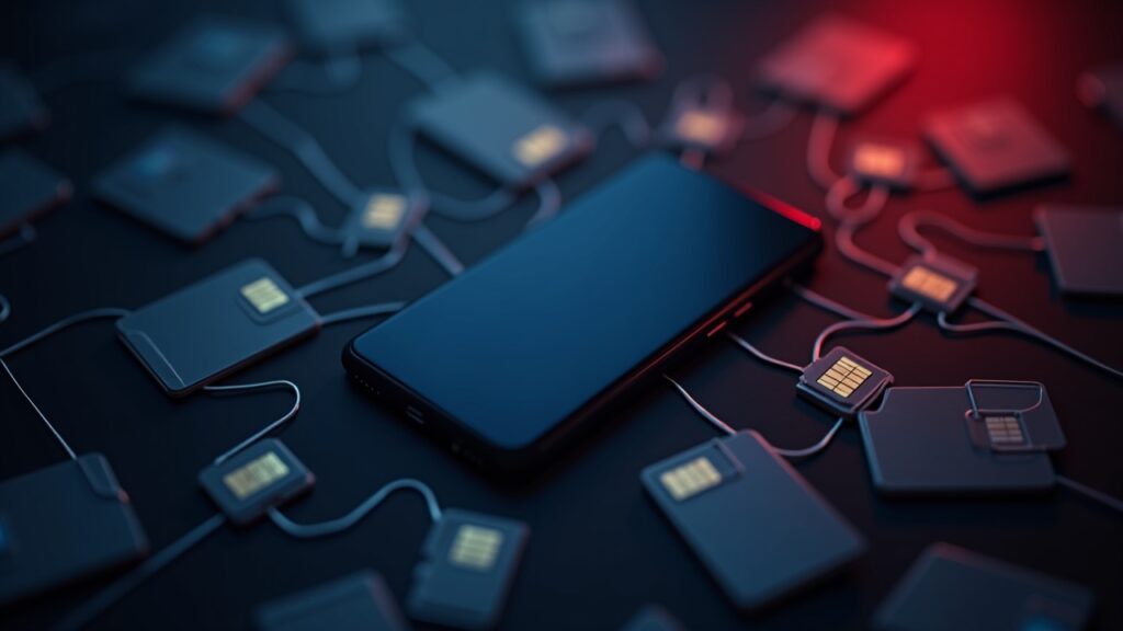 Smartphone en centro rodeado de tarjetas SIM formando red de cuentas falsas; insignia de Europol al fondo y brillo rojo.