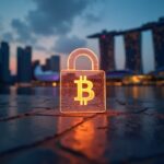 Cartera digital bloqueada en primer plano, libro mayor de Bitcoin brillando, skyline de Singapur y silueta de mazo.