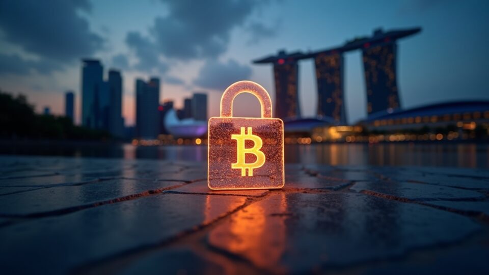 Cartera digital bloqueada en primer plano, libro mayor de Bitcoin brillando, skyline de Singapur y silueta de mazo.