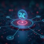 Token SNX en centro con gráfico de precios iluminado superando $2, escritorio de trading futurista y pistas de Perps DEX