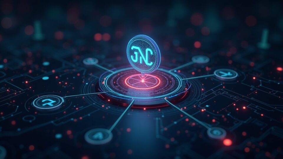 Token SNX en centro con gráfico de precios iluminado superando $2, escritorio de trading futurista y pistas de Perps DEX