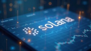 Solana logo sobre un documento de ETF de Bitwise, con gráficos de datos e íconos de staking en un entorno fintech institucional