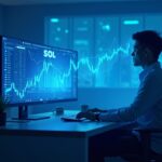 Trader cripto en escritorio moderno con gráfico holográfico de Solana y logo SOL en pantalla, tono azul