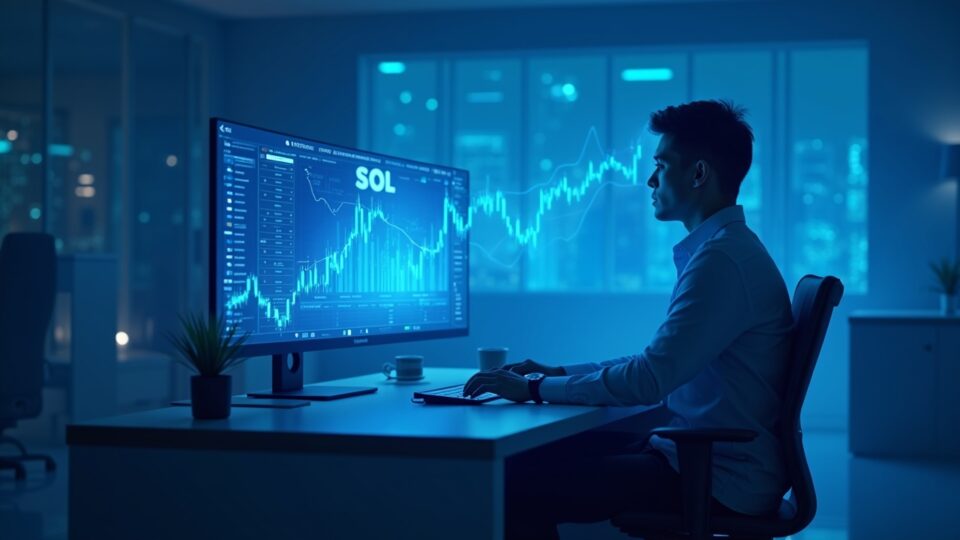 Trader cripto en escritorio moderno con gráfico holográfico de Solana y logo SOL en pantalla, tono azul