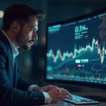 Trader de Solana en sala de noticias analiza gráfico con cruce MACD alcista y direcciones en alza, HUD holográfico