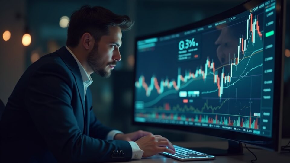 Trader de Solana en sala de noticias analiza gráfico con cruce MACD alcista y direcciones en alza, HUD holográfico