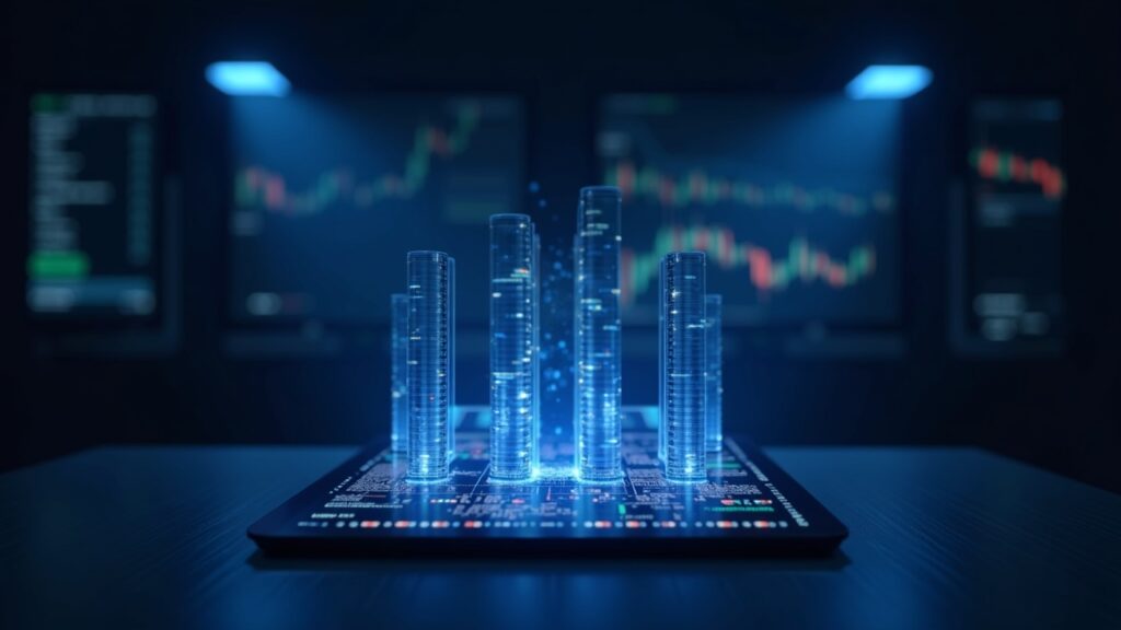 Centro de Solana con gráficos holográficos y un nodo validador al fondo, símbolo de descentralización y bajas comisiones