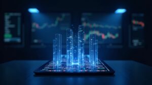 Centro de Solana con gráficos holográficos y un nodo validador al fondo, símbolo de descentralización y bajas comisiones