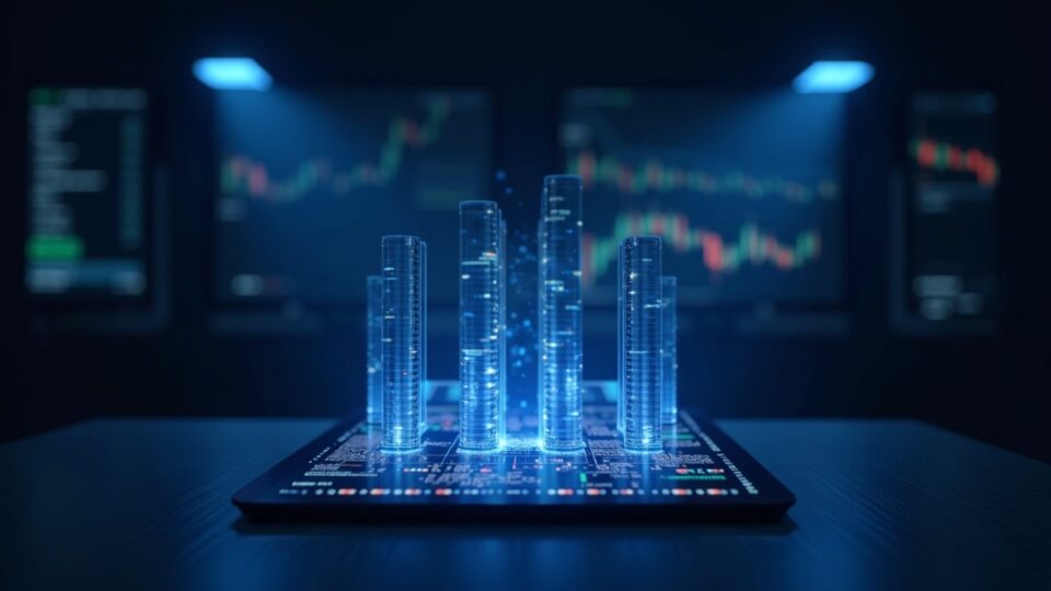 Centro de Solana con gráficos holográficos y un nodo validador al fondo, símbolo de descentralización y bajas comisiones