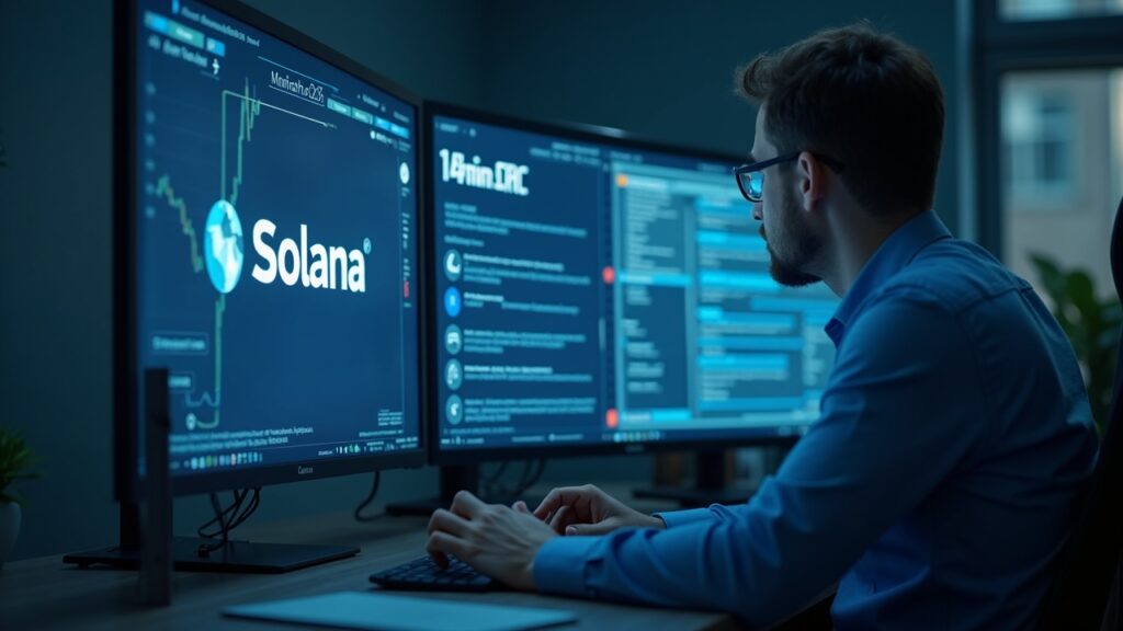 Analista ante pantallas holográficas con Solana, fecha límite 14 nov 2025, actas FOMC e insignia Aster, señal de presión regulatoria e adopción institucional.