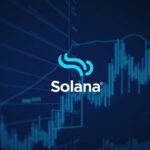 Logotipo de Solana al centro, gráfico de flujo de ETF ascendente y fondo con rejilla de mercado digital.