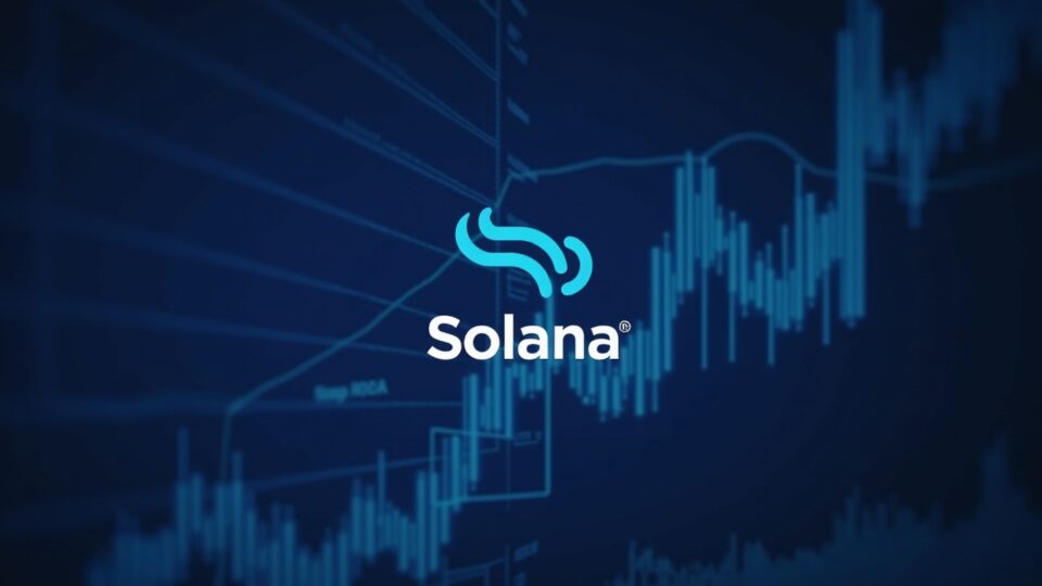 Logotipo de Solana al centro, gráfico de flujo de ETF ascendente y fondo con rejilla de mercado digital.