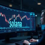 Solana logo en monitor de trading, gráficos al alza y traders institucionales observando el crecimiento del open interest CME