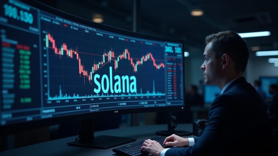 Solana logo en monitor de trading, gráficos al alza y traders institucionales observando el crecimiento del open interest CME