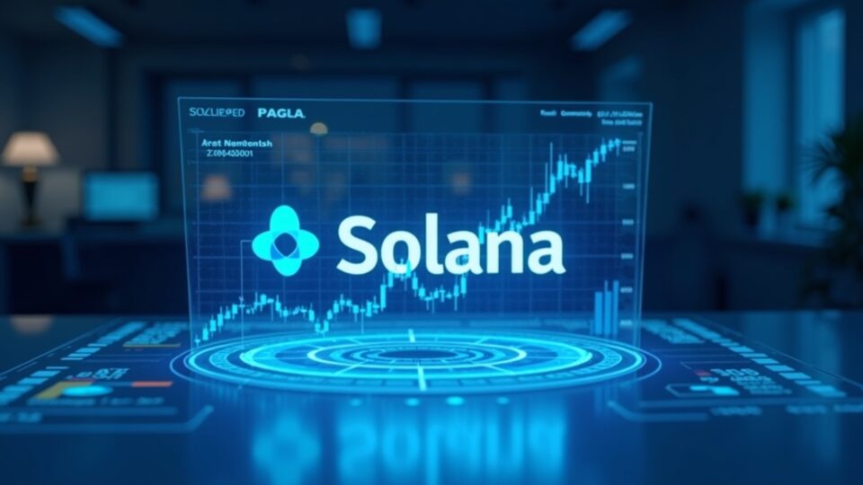 Logo de Solana sobre escritorio de trading, gráficos holográficos muestran entradas bajas y un precio por debajo de $200.
