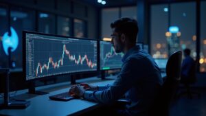 Trader de Solana en escritorio moderno con pantallas y gráfico alcista hacia 300, overlays de ETF y flujos institucionales