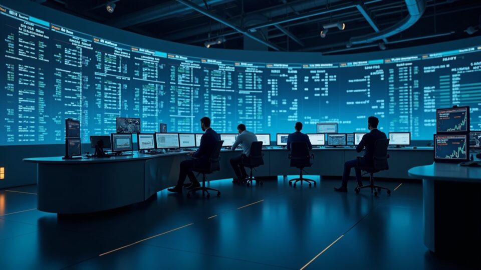 Plano central de una mesa de validadores de Solana con operadores institucionales, pantallas de staking y ticker Nasdaq.