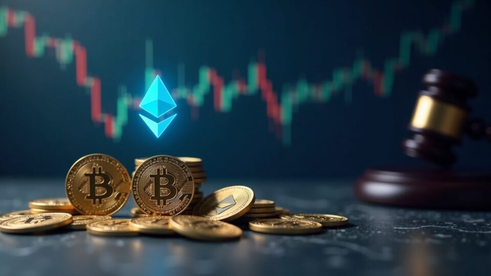 Solana asciende mientras Bitcoin y Ethereum caen; gráfico de volatilidad con enfoque institucional y fondo regulatorio.