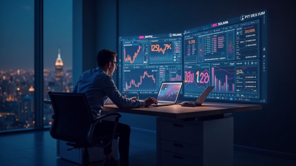 Photorealistic header: trader at a modern desk, Solana branding, holographic charts show 125B DEX and 17% inflows, Alpenglow.