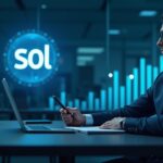 Ejecutivo Nasdaq en oficina moderna, holograma SOL y gráfico ascendente que ilustra acumulación institucional.