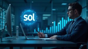 Ejecutivo Nasdaq en oficina moderna, holograma SOL y gráfico ascendente que ilustra acumulación institucional.