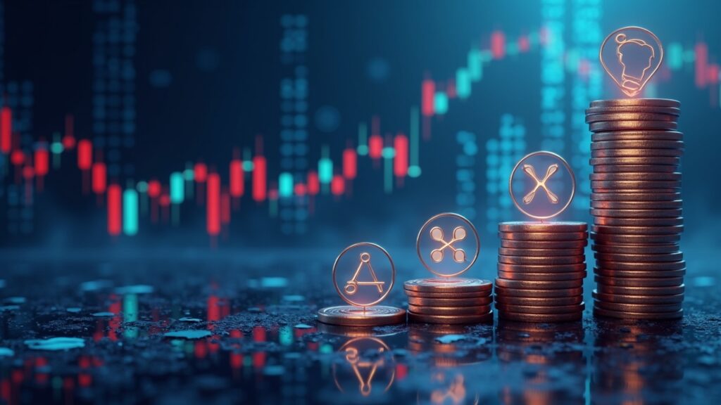 Solana y XRP emergen de corrientes de liquidez digitales hacia un ticker ascendente, con el edificio de la SEC al fondo.