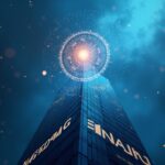 Token fotorealista ascendiendo sobre rascacielos Nasdaq, con hologramas RWAs y brillo de blockchain.
