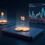 Cartera vinculada a SpaceX mueve BTC a dos direcciones, con monedas holográficas y gráfico de mercado.