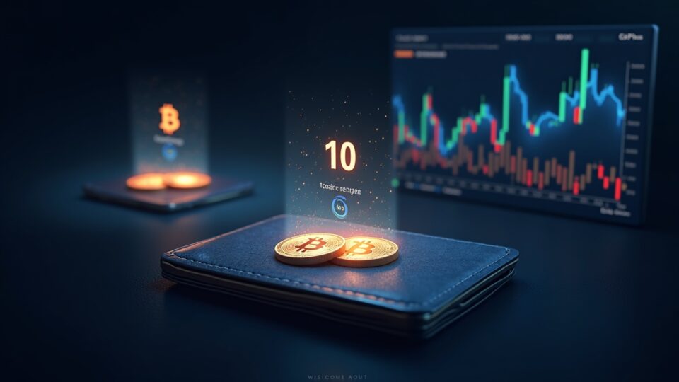 Cartera vinculada a SpaceX mueve BTC a dos direcciones, con monedas holográficas y gráfico de mercado.