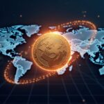 Glowing stablecoin symbol orbits a world map above a fintech grid and city skyline.