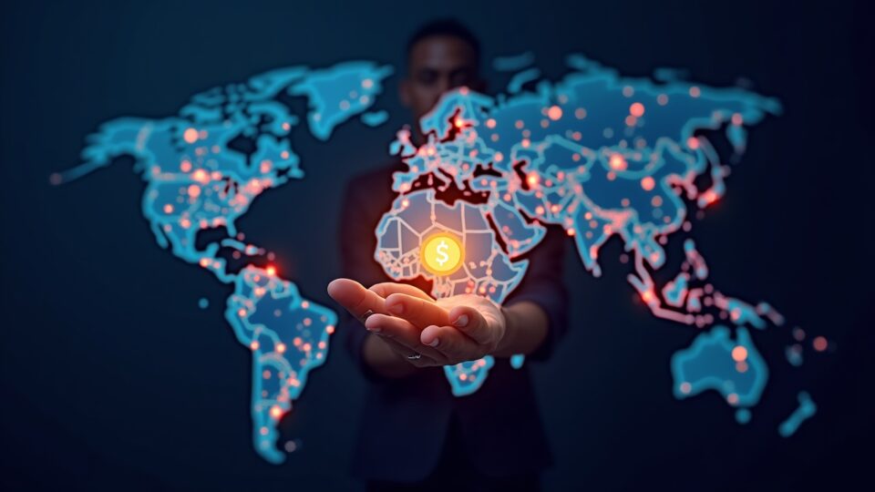 Hub global de pagos: figura sosteniendo un token estable brillante; rails de neón conectan bancos sobre un mapa mundial.
