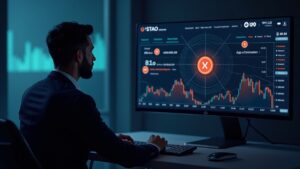 Inversor profesional frente a monitor que muestra STAO en SIX, con token TAO brillando y recompensas de staking.