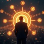 Retrato fotorealista de un inversor ante una red de tokens de staking iluminada, simbolizando adopción institucional.