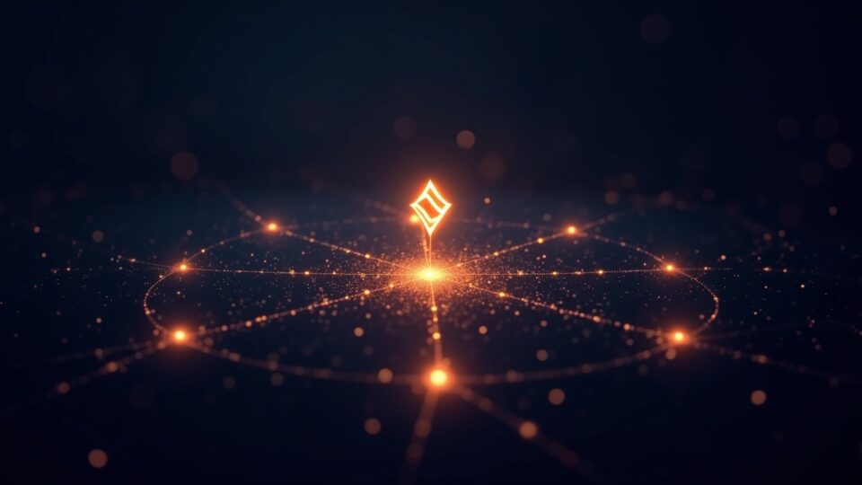 Logo de Stellar Lumens conectado a nodos institucionales y gráfico ascendente con chispas de Protocol 23.