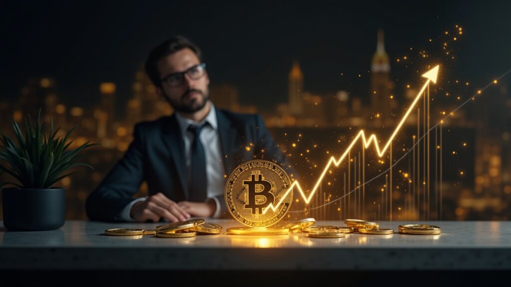 Analista financiero ante un escritorio moderno, barras de oro holográficas y un gráfico de criptomonedas al alza con el logo de Streamex.