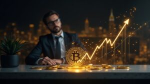 Analista financiero ante un escritorio moderno, barras de oro holográficas y un gráfico de criptomonedas al alza con el logo de Streamex.