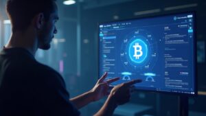 Desarrollador presenta una app Sui con BTCfi en una pantalla futurista, mostrando interoperabilidad y creatividad cripto.