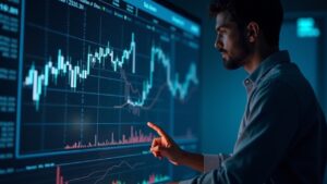 Ejecutivo de cartera senior evalúa criptoactivos en pantalla con ticker y visuales de blockchain, simbolizando adopción.
