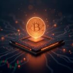 Token cripto luminoso y chip de IA, gráficos de precios volátiles y un ícono de arancel, sugiriendo manipulación de mercado.